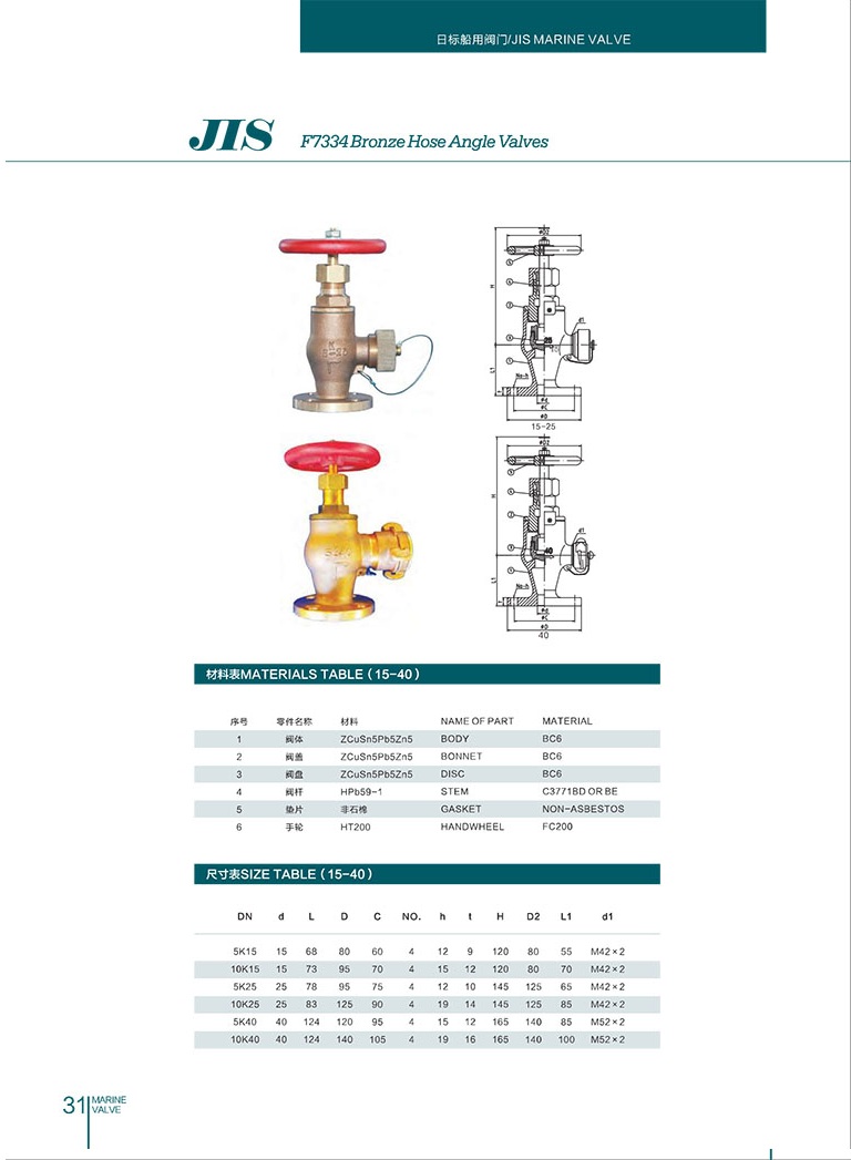 Catalog thông số kỹ thuật của van góc PCCC đồng 5K, 10K – F7334